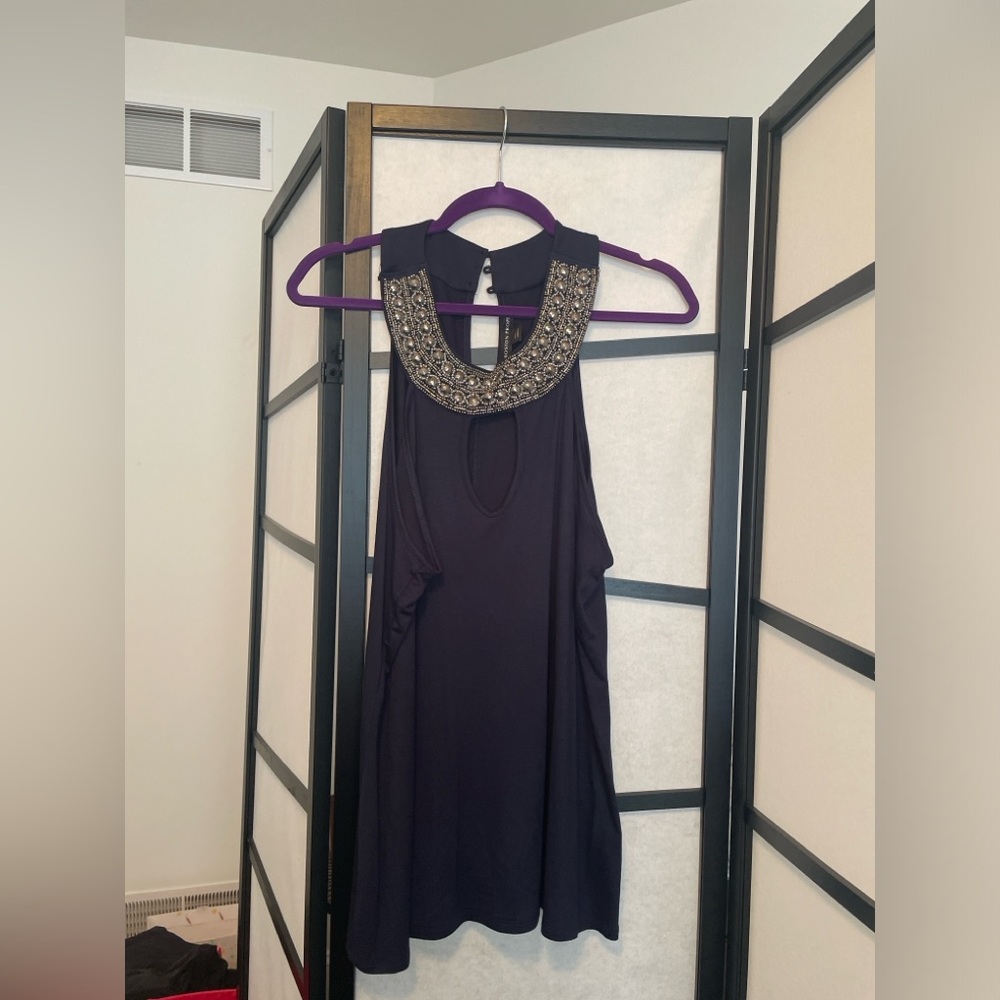 Blue Sleeveless Embellished Neckline Tunic